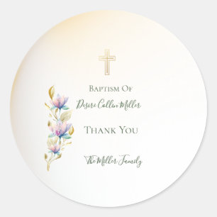 Blush & Lilac Floral, Gold Cross Taufen Aufkleber