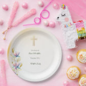 Blush & Lilac Floral, Gold Cross Taufen Teller (Party)