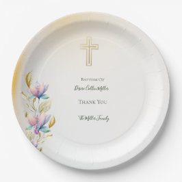 Blush & Lilac Floral, Gold Cross Taufen Teller