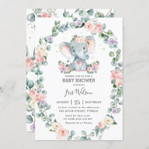 Blush Lilac Floral Greenerie Elephant Babydusche Einladung
