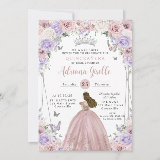 Blush Lilac Weiß Blumenkleid Quinceañera XV 16 Einladung (Vorderseite)