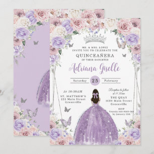 Blush Lilac White Floral Silver Quinceañera XV 16 Einladung