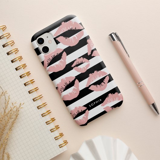 Blush Lip Print Kisses Black & White Strip Case-Mate iPhone Hülle