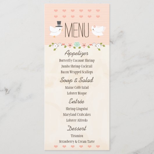 Blush Love Birds Dove Wedding Menu Menükarte (Vorderseite)