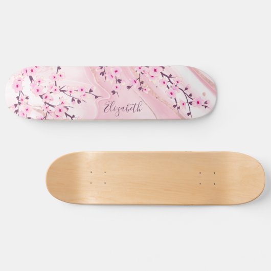 Blush Marble Cherry Blossom Monogram Girl Skateboard (Horizontal)
