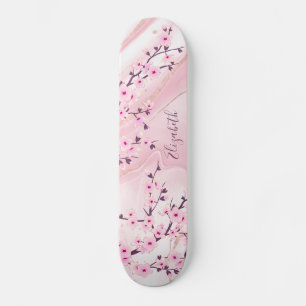 Blush Marble Cherry Blossom Monogram Girl Skateboard