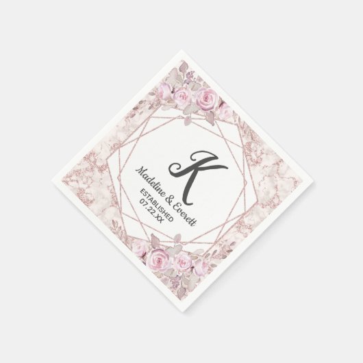 Blush Marble Geometric Floral Monogram Wedding Serviette (Ecke)