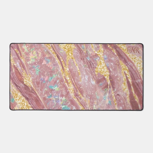 Blush Marble Opal & Gold Glitzer Monogram Niedlich Schreibtischunterlage (Vorderseite)