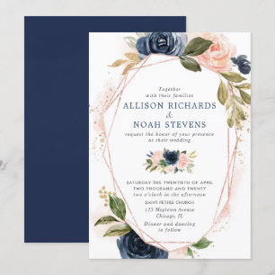 Blush Marine Gold Moderne florale Aquarellfarben H Einladung