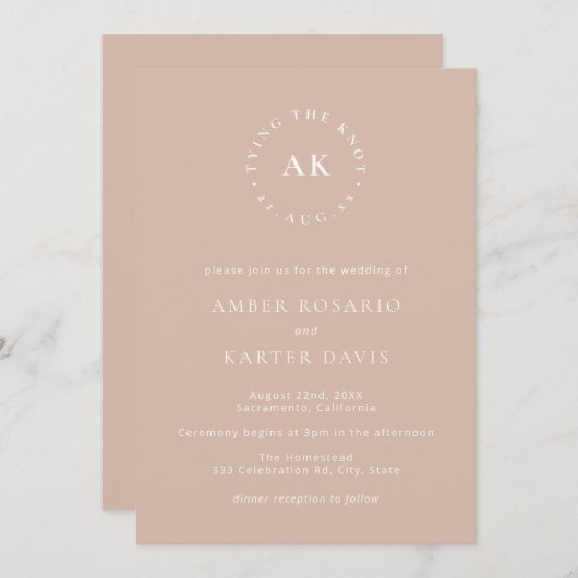 Blush Minimal Bindung der KNOT-Monogramm-Hochzeit Einladung (Vorne/Hinten)