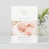 Blush-Minimal-Monogram-Foto Geburtshinweis Dankeskarte (Stehend Vorderseite)