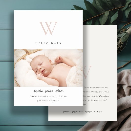 Blush-Minimal-Monogram-Foto Geburtshinweis Dankeskarte