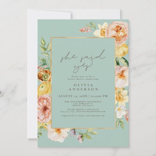 Blush & Minze Floral Sie sagte ja Brautparty Einladung (Vorderseite)