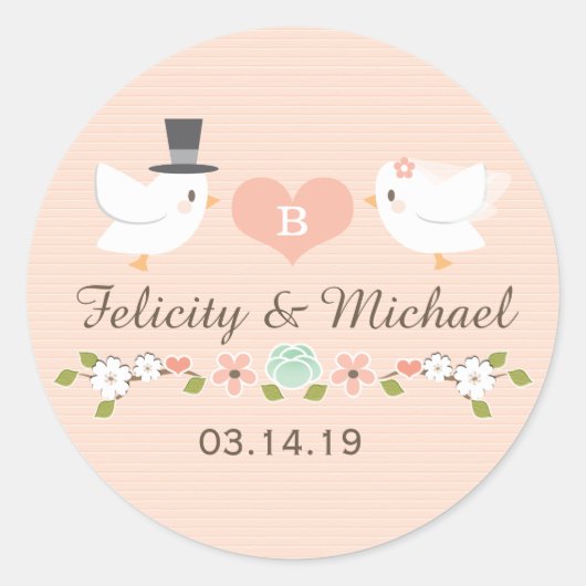 BLUSH MIT MONOGRAMM DOVE LIEBE VÖGEL WEDD RUNDER AUFKLEBER (Vorderseite)