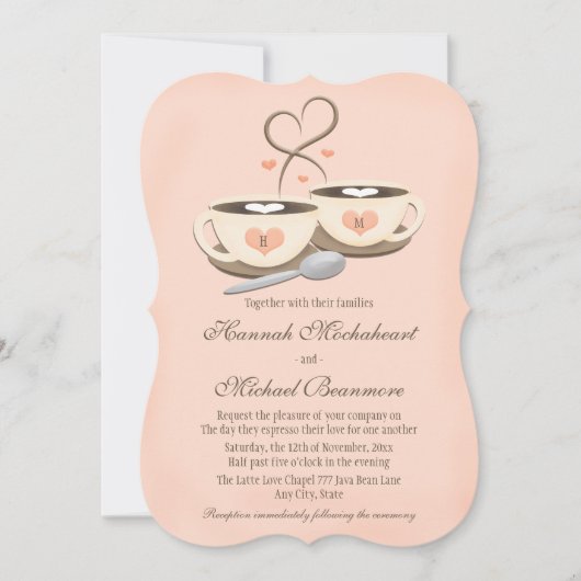 Blush Mit Monogramm Heart Two Coffee Cups Hochzeit Einladung (Vorderseite)
