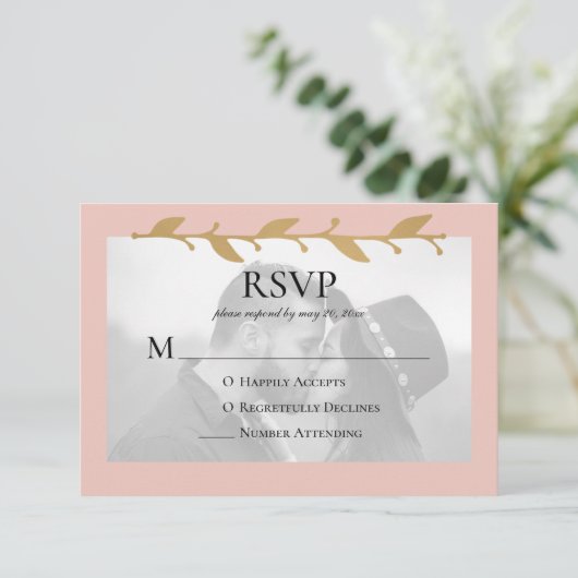 Blush Modern Foto Gold Blätter RSVP Karte (Stehend Vorderseite)