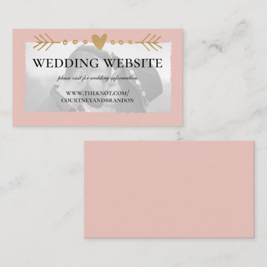 Blush Modern Foto Gold Heart Wedding Website Begleitkarte (Vorne/Hinten)