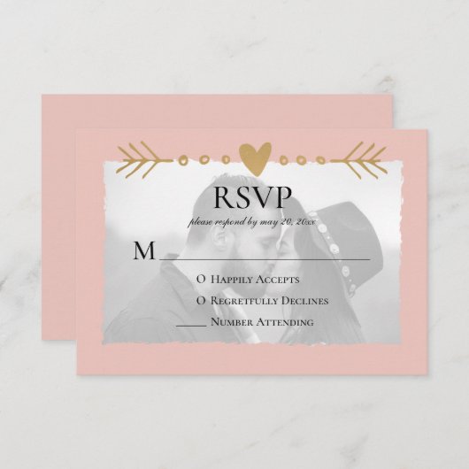 Blush Modern Foto Gold Hearts RSVP Karte (Vorne/Hinten)