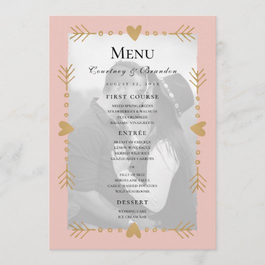 Blush Modern Foto Gold Hearts Wedding Menu Menükarte (Vorderseite)