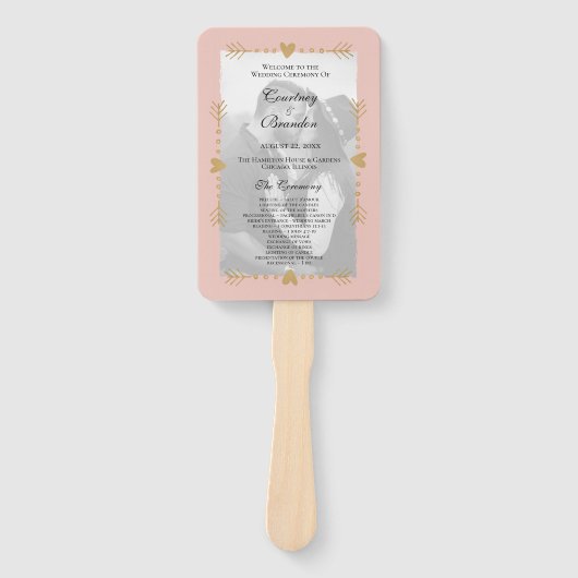 Blush Modern Foto Gold Hearts Wedding Program Fächer (Vorderseite)