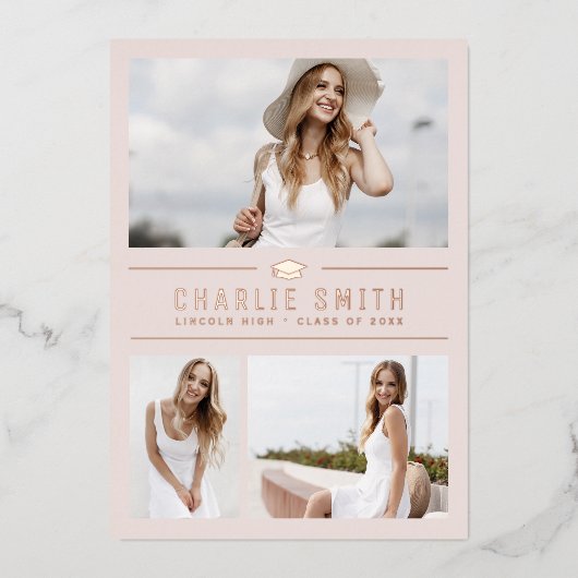 Blush Modern Typografy 3 Foto Graduation Party Folieneinladung (Vorderseite)