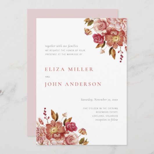 Blush Moderne rustikale Hochzeit mit floralen Aqua Einladung (Vorne/Hinten)