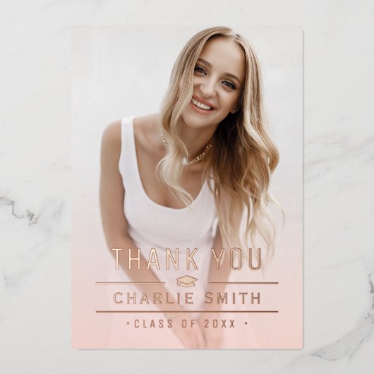 Blush Moderne Typografie 2 Foto Grad Vielen Dank Folieneinladung (Vorderseite)