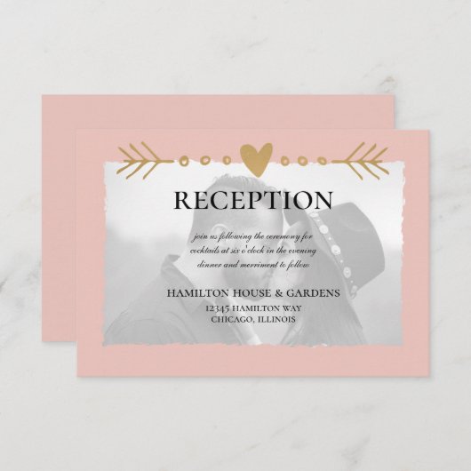 Blush Modernes Foto Gold Herzstück Empfang Begleitkarte (Vorne/Hinten)