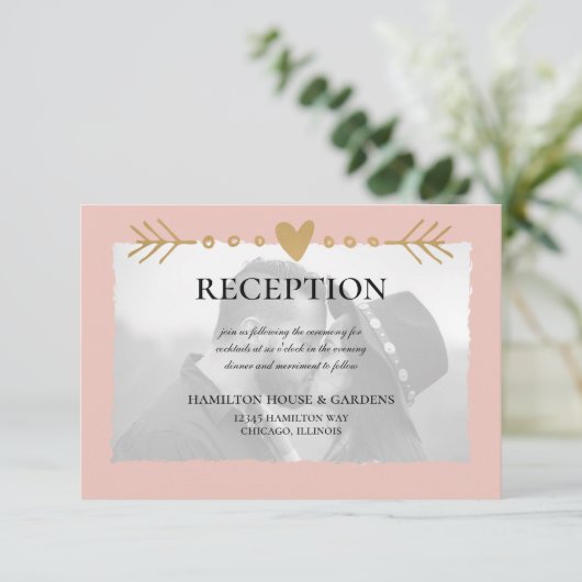 Blush Modernes Foto Gold Herzstück Empfang Begleitkarte (Stehend Vorderseite)