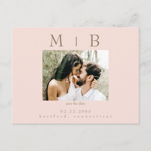 Blush Monogram Foto Wedding Save the Date Postkarte (Vorderseite)