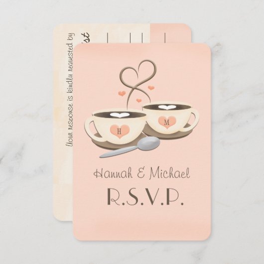 Blush Monogram Heart Coffee Wedding RSVP Karten (Vorne/Hinten)