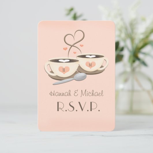 Blush Monogram Heart Coffee Wedding RSVP Karten (Stehend Vorderseite)