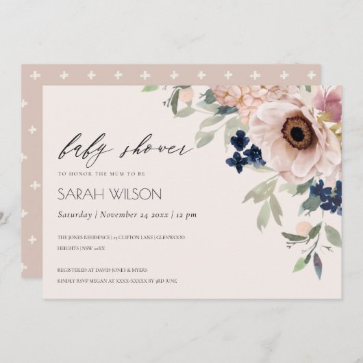 Blush Navy Anemone Bloral Baby Showroom Einladung (Vorne/Hinten)