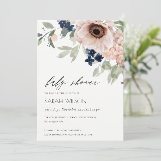 Blush Navy Anemone Bloral Baby Showroom Einladung (Stehend Vorderseite)