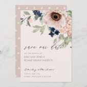 Blush Navy Anemone Bloral Save the Date Card Dankeskarte (Vorne/Hinten)