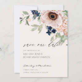 Blush Navy Anemone Bloral Save the Date Card Dankeskarte