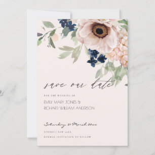 Blush Navy Anemone Bloral Save the Date Card Dankeskarte