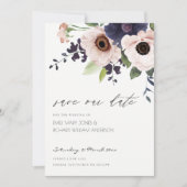 Blush Navy Anemone Bloral Save the Date Card Dankeskarte (Vorderseite)