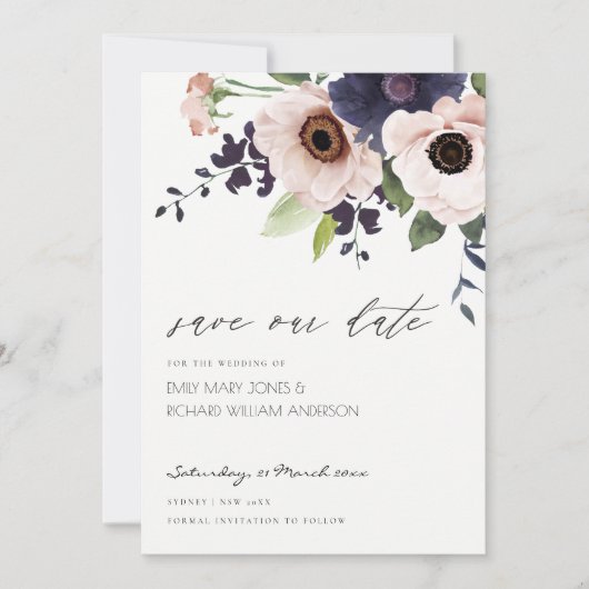 Blush Navy Anemone Bloral Save the Date Card Dankeskarte (Vorderseite)