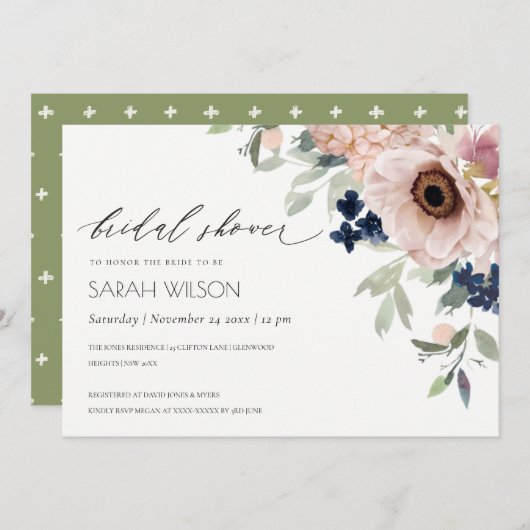 Blush Navy Anemone Floral Brautparty Einladung (Vorne/Hinten)