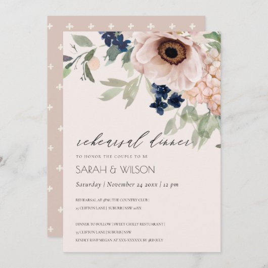 Blush Navy Anemone Probe Dinner Einladung (Vorne/Hinten)