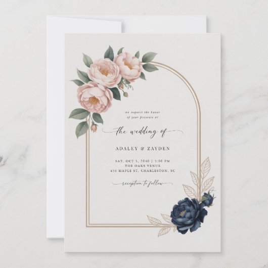 Blush Navy Bloral Arch erschwingliche digitale Hoc Einladung (Vorderseite)