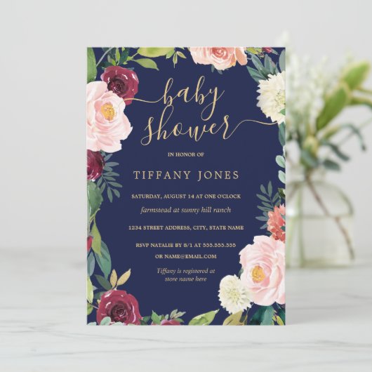 Blush Navy Bloral Baby Dusche laden ein Einladung (Stehend Vorderseite)