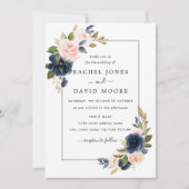 Blush Navy Bloral Blues Hochzeit Einladung (Vorderseite)