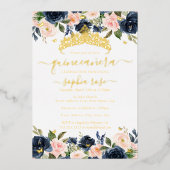 Blush Navy Bloral Golden Butterfly Quinceanera Folieneinladung (Vorderseite)