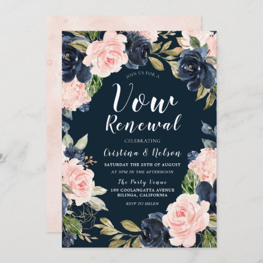 Blush Navy Bloral Wreath Vow Renewal Einladung (Vorne/Hinten)