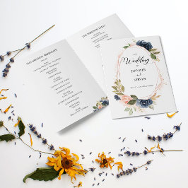 Blush Navy Blossom Floral Folded Wedding Programm