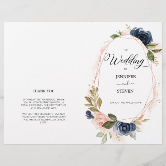 Blush Navy Blossom Floral Folded Wedding Programm (Vorderseite)