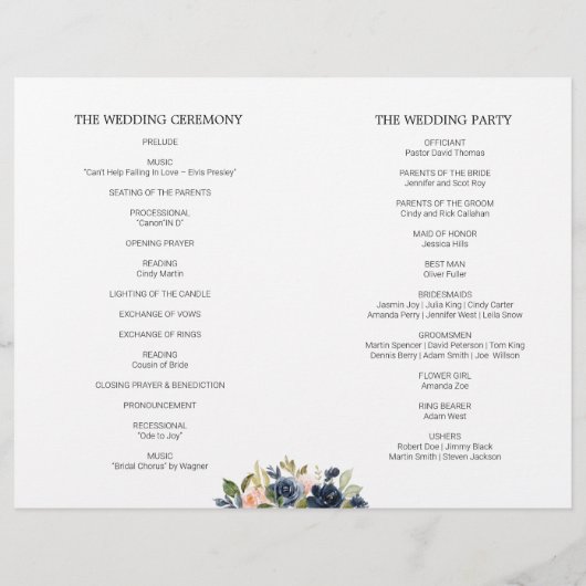 Blush Navy Blossom Floral Folded Wedding Programm (Rückseite)