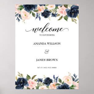 Blush Navy Blossom Hochzeit Willkommen Poster